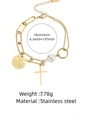 Detail of stainless steel cross bracelet with pearl charm and engraved round tag charm - Asymmetric Chain with Pearl and Cross Style (JX705)