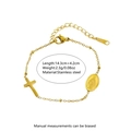 Detail of 18k gold plated stainless steel cross bracelet with size and weight specs - Virgin Mary and Cross Portrait Style (FSY764SL)