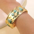Gold open cuff bracelet with green strawberry enamel charms on wave edge band for women - Blue Style (FYD6208SZ-blue)