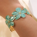 Golden flower C-shaped open bangle with green marble enamel floral design for women - Blue (FYD6209SZ-blue)