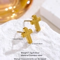 Macro shot of gold plated stainless steel cross stud earrings with beaded texture - Cross Earrings (FSY077EH)