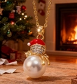 Christmas snowman pendant necklace with large white pearl and red enamel hat detail - Pearl Snowman Style(FSY074XL)
