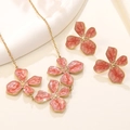 Elegant gold flower jewelry set with pink marble texture enamel necklace and earrings - Red