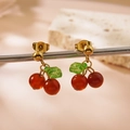 Charming red cherry drop earrings with gold hooks and green leaves jewelry set - Stud Earrings (LM505) / Red