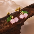 Sweet pink cherry drop earrings with green leaves and gold finish stainless steel hardware - Stud Earrings (LM505) / Pink