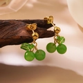 Charming gold cherry earrings with vibrant green fruits and translucent leaves - Stud Earrings (LM505) / Green