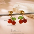 Exquisite stainless steel cherry earrings set with red fruits and green leaves - Red Cherry Stud Earrings (LM505)