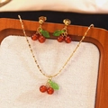 Exquisite cherry jewelry set with necklace and stud earrings in gold and red finish - Red Cherry Necklace & Stud Earrings 3-Piece Set (LM006)