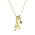 Goldkette mit Buchstaben A Anhänger, rosa Herz Edelstein und glitzerndem Charm - Schreibschrift Buchstabe A (Halskette A)