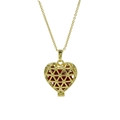 Golden heart pendant necklace with red birthstone and geometric hollow mesh design - January