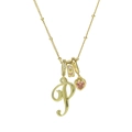Goldene Perlenkette mit rosa Herzstein und Anhänger mit dem Buchstaben P - Schreibschrift Buchstabe P (Halskette P)