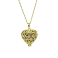 Golden heart pendant necklace with lavender birthstone inside geometric mesh frame - June