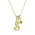 Goldkette mit rosa Herz-Edelstein und Buchstaben S Anhänger an einer Perlenkette - Schreibschrift Buchstabe S (Halskette S)