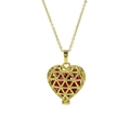 Golden brass heart pendant necklace with red December birthstone in hollow cage - July