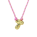 Adjustable pink woven necklace with a gold mushroom pendant and colorful crystals - Letter T (Gold T-Pendant) / Gold