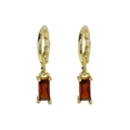 Elegant gold huggie earrings featuring emerald-cut deep red birthstone pendants - Deep Red Style / January
