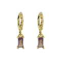 Golden rectangular purple birthstone drop earrings with a four-prong classic setting - Purple Character / February