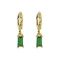 Golden hoop earrings featuring a rectangular emerald green zircon stone pendant - Green Style / May