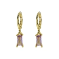 Gold hoop earrings with rectangular lavender cubic zirconia stones on white background - Light Purple Style / June