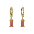 Elegant gold-plated huggie hoop earrings with rectangular red emerald cut gemstone drops - July