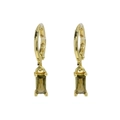 Golden huggie hoop earrings with rectangular olive green birthstone pendant - Peridot Style / August