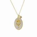 Gold plated brass necklace with oval shell floral pendant and pink birthstone charm - October Necklace (FP50511301)