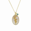 Gold brass necklace with mother of pearl flower pendant and blue turquoise bead - December Necklace (FP50511301)