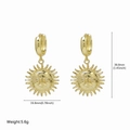 Boucles d'oreilles soleil doré avec strass, dimensions 36,8 mm x 19,8 mm, style chic - Style Visage de Soleil Personnifié