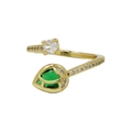 Elegant gold tulip ring with green teardrop crystal and white zircon floral detail - Green