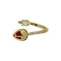 Adjustable golden tulip ring with red teardrop gem and white cubic zirconia accents - Rose Red