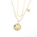 Collier double couche doré avec smiley, œil trèfle et pendentif gravé Love Life - Style Sourire Superposé Chaîne Serpent (N106 Or) / Or