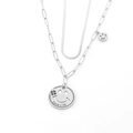 Collier double couche en acier inoxydable argenté avec chaîne trombone et pendentif smiley - Argent