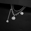 Collier double rang en acier inoxydable argenté avec pendentifs smiley et plaque gravée - Style Sourire Yeux Étoiles Gravé (N117 Argent) / Argent