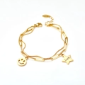 Pulsera de doble capa de acero inoxidable dorado con colgantes de estrella y sonrisa - Pulsera de Doble Capa con Estrella Sonriente y Cadena de Serpiente (C028)