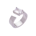 Bague réglable en acier titane argenté sertie d'un grand zircon rectangulaire - US 6 / Argent + Zircone Blanche