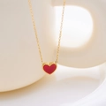 Elegant red enamel heart pendant necklace with gold beaded edge on a thin cross chain - Red Agate Look Beaded Edge Heart Style (N089)