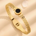 Goldenes Armband aus Edelstahl mit römischen Ziffern, LOVE-Schriftzug und schwarzer Scheibe - Große Mauer Muster Römischer Armreif / Gold + Schwarze Muschel