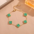 Detail of 18K gold stainless steel bracelet with five green clover charms and lobster clasp - S4283D Double-Sided Four-Leaf Clover with Green Shell - Gold