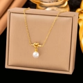 Chic knotted titanium steel necklace with white pearl pendant on jewelry display box - Chain with Artificial Pearl (H1041)