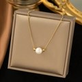 Minimalist 18k gold plated titanium steel necklace featuring a single white pearl pendant - [H312] Single Pearl Gold