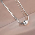 Double-layer silver necklace with flat snake chain and large polished bead pendant - Small Ball Style (H231) / Necklace / Steel