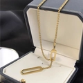 Minimalist gold-plated long chain necklace with geometric rectangular links on white lining - Triple Rectangle Style (QYH22) Gold