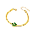 Golden clover bracelet with green heart-shaped gemstones and polished curb chain - QYE2013 Green Zircon Clover Bracelet (Gold)