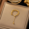 Gold 304 stainless steel triple-row beaded open ring with adjustable slider ball chain - Rice Grain Ring (F103) / Gold