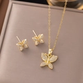 18k gold plated butterfly jewelry set featuring necklace and earrings with white zircons - Rhinestone Butterfly Set (8230) / Gold