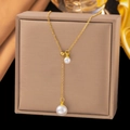Collier en Y réglable avec chaîne dorée et deux pendentifs perles sur fond de soie - Pompon Perle Artificielle (H1323) Or