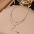 Elegant silver layered Y-shaped necklace featuring a polished round ball pendant on stand - Double Layer Small Ball Style (H1310) / Steel