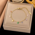 Exquisites 18K vergoldetes Fußkettchen mit sieben bunten Steinanhängern und Karabiner - Regenbogen Edelstein Armband (Gold)