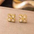 Vintage 18K vergoldete Kleeblatt-Ohrstecker mit Zirkonia Kristallen in Tropfenschliff - Gold Strass Vierblättrige Blume Stil (EHG378)