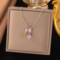 Squisita collana in argento con cuore di cristallo rosa e pendente a piuma unico - Stile Cuore Di Diamante Rosa (8286) / Argento